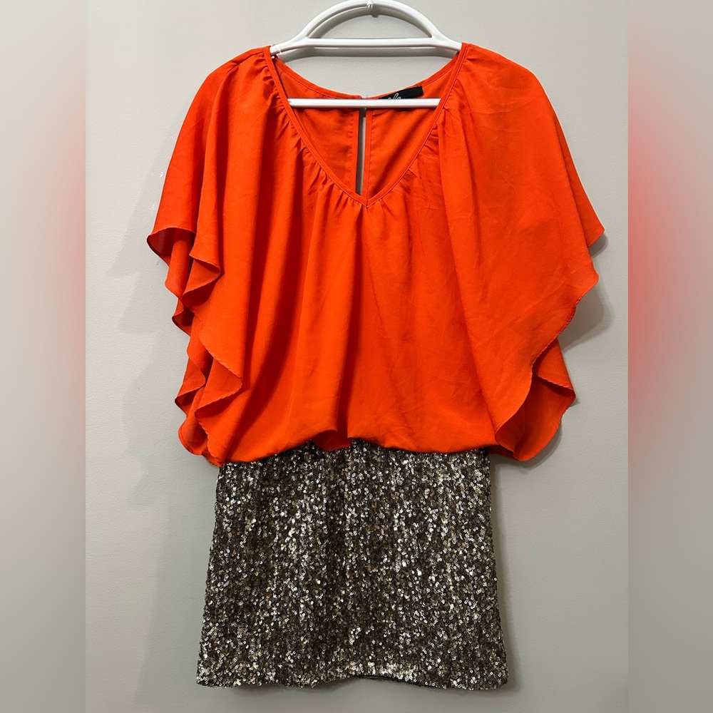 C. LUCE Orange Flutter Sleeve Gold Sequin Mini Cocktail Dress S